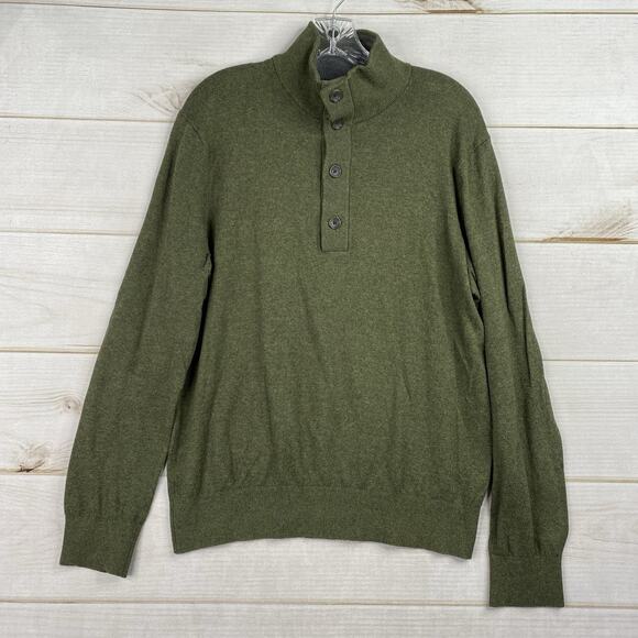 Banana Republic Sweater Mens M Green Mock Neck Cotton Pullover 1/4 Button - Picture 1 of 8